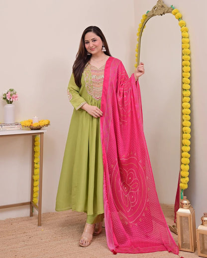 Women's Elegant Beige Embroidered Anarkali Kurta Set with Pink Bandhani Dupatta
