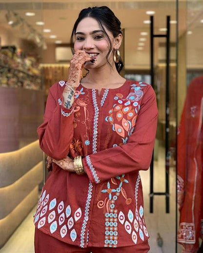 LoomBella LifestyleWomen's Cotton Embroidery Straight Kurti with Pant Set