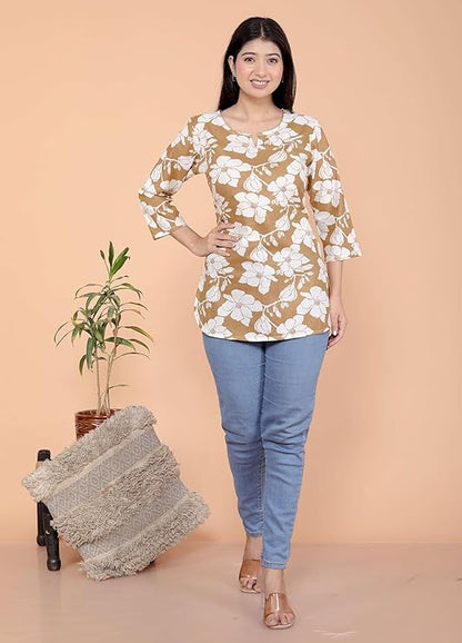 LoomBella LifestyleWomen's Cotton Floral Printed Straight Short Kurta Perfect for Casual, Formal, and Ethnic Wear
