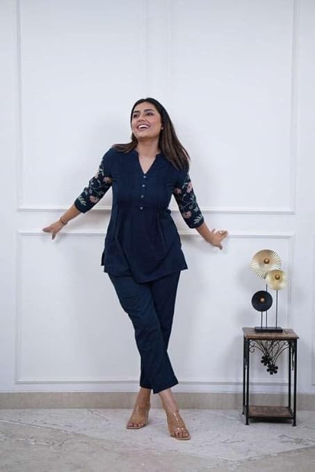 LoomBella LifestyleWomen's Cotton Embroidery Straight Short Kurti with Pant Set