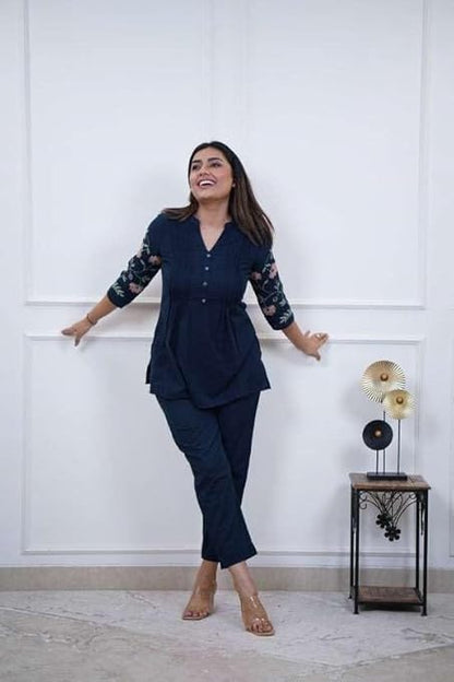 LoomBella LifestyleWomen's Cotton Embroidery Straight Short Kurti with Pant Set