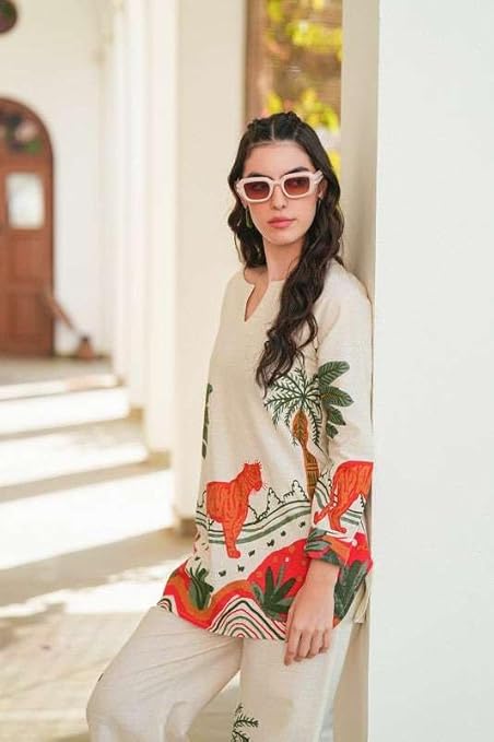 LoomBella Lifestyle Women's Cotton Floral Printed Straight Short Kurti with Pant Set