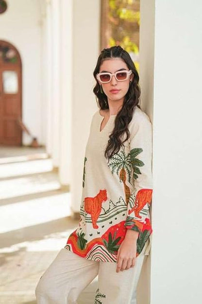 LoomBella Lifestyle Women's Cotton Floral Printed Straight Short Kurti with Pant Set