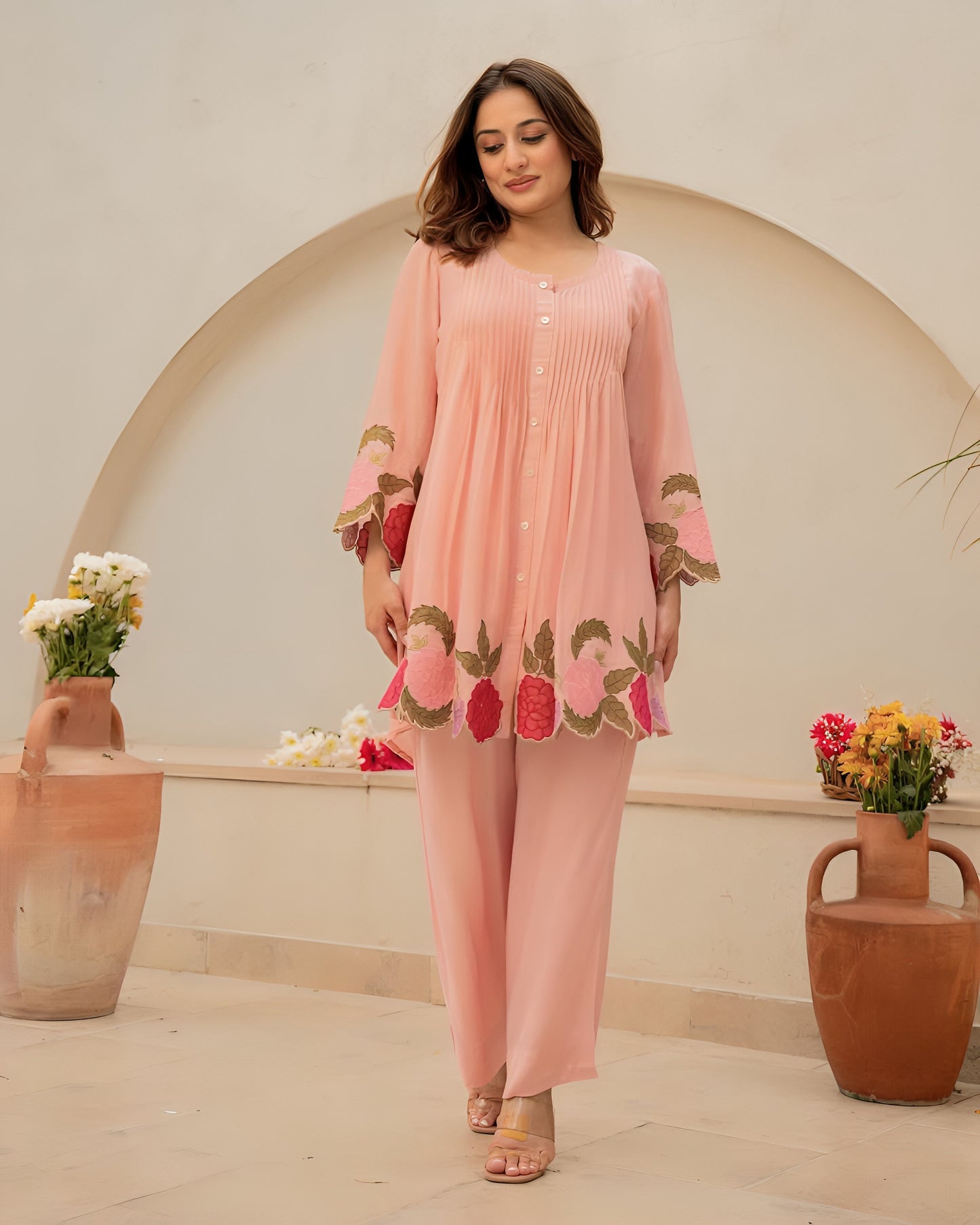 Women's Peach Floral Embroidered Co-ord Set