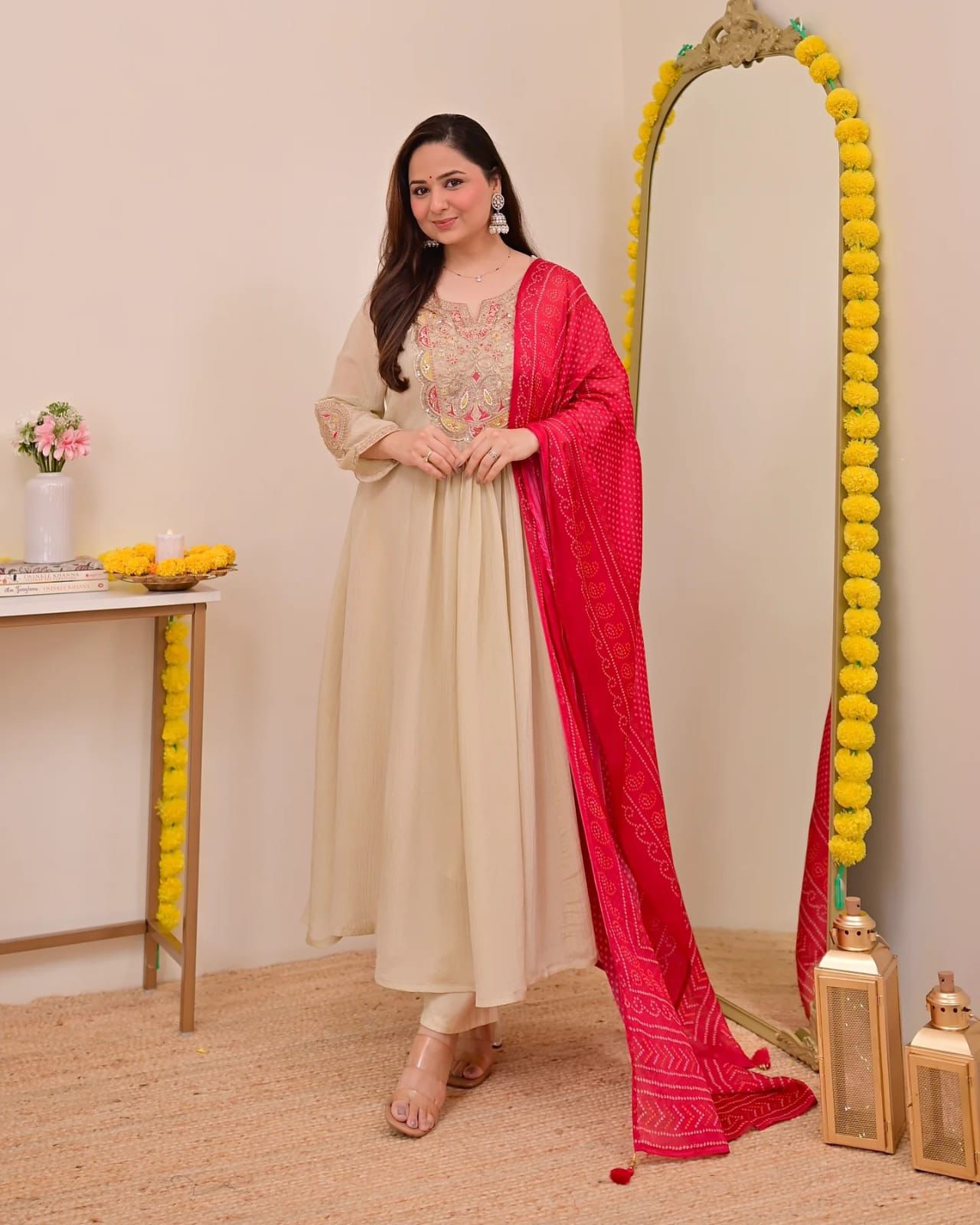 Women's Elegant Beige Embroidered Anarkali Kurta Set with Pink Bandhani Dupatta