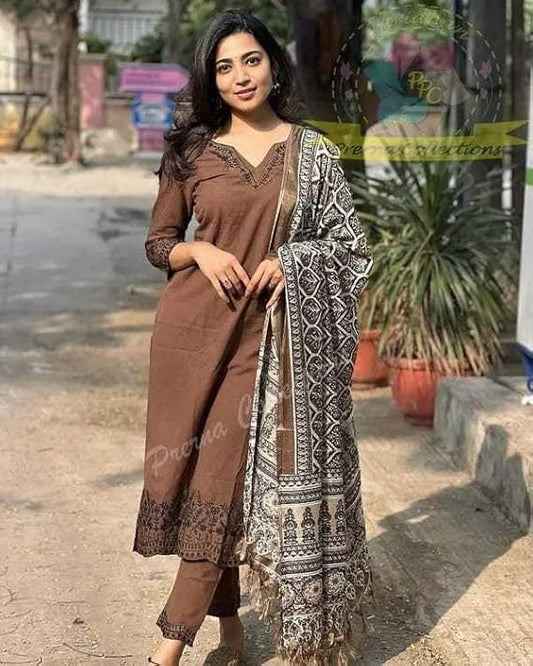 LoomBella Lifestyle Women Pure Cotton Embroidery Straight Kurti with Pant & Dupatta Set