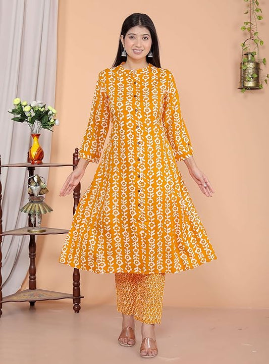 LoomBella Lifestyle Women's Cotton Floral Printed Mandarin Collar A-Line Kurti with Pant
