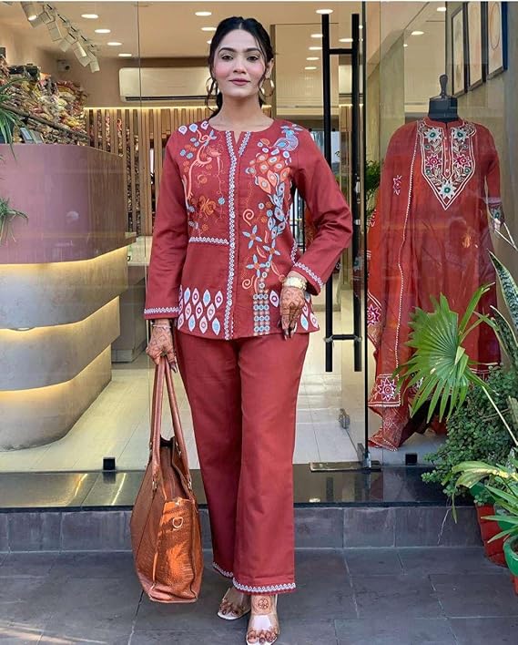 LoomBella LifestyleWomen's Cotton Embroidery Straight Kurti with Pant Set