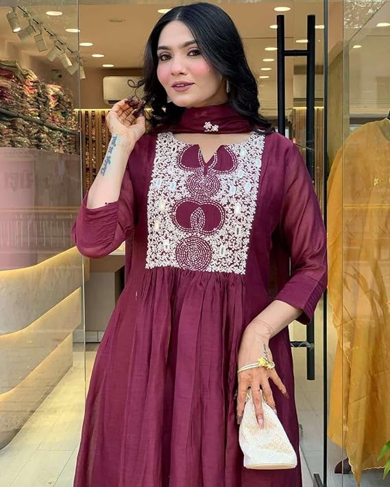 LoomBella LifestyleWomen's Cotton Printed Anarkali Kurti with Pant and Mulmul Dupatta Set