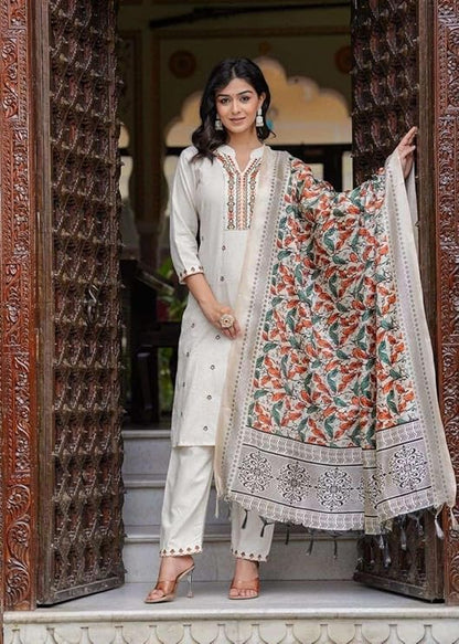 LoomBella Lifestyle Women's Cotton Embroidered Straight Kurti with Pant and Dupatta Set