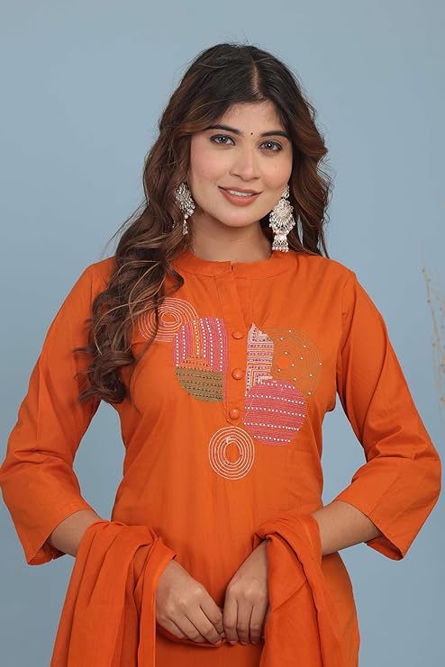 LoomBella Lifestyle Women's Cotton Embroidery Straight Kurti with Pant Set