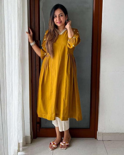 LoomBella LifestyleWomen's Cotton Embroidered Anarkali Kurti with Pant