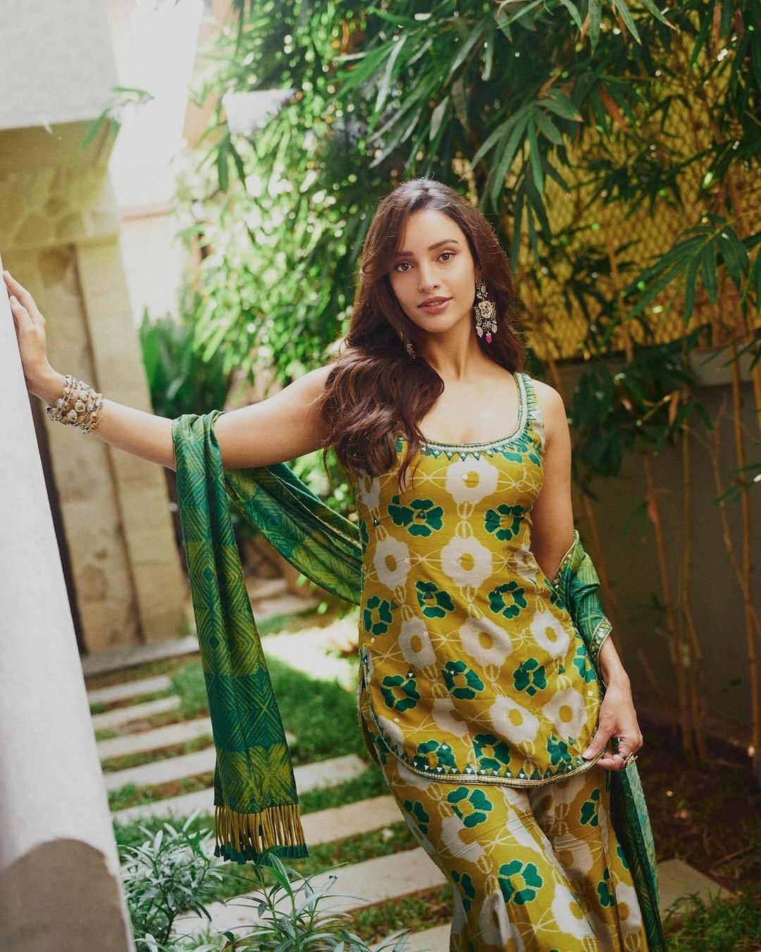 Mustard Floral Printed Cotton Blend Straight Kurta Set with Green Dupatta for Women