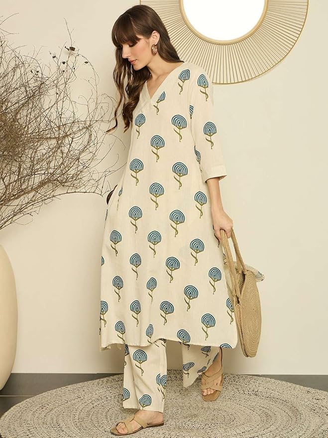 Women's Beige Printed Cotton Kurta with Palazzo Co-Ord Set | V-Neck Casual Ethnic Wear