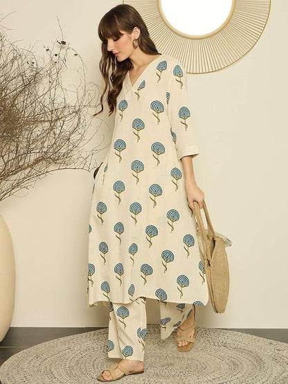 Women's Beige Printed Cotton Kurta with Palazzo Co-Ord Set | V-Neck Casual Ethnic Wear