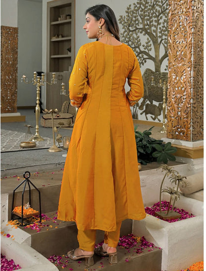 Women's Mustard Embroidered Straight Kurta Set with Magenta Dupatta