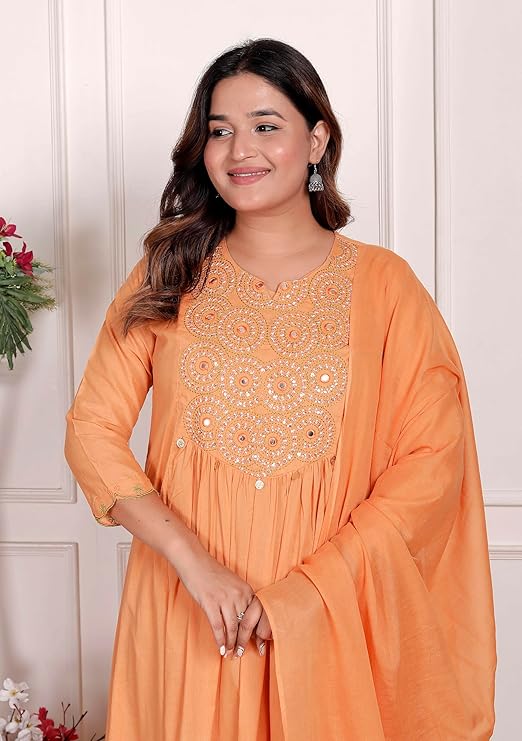 LoomBella Lifestyle Women's Cotton Embroidered Anarkali Kurti With Pant and Dupatta Set