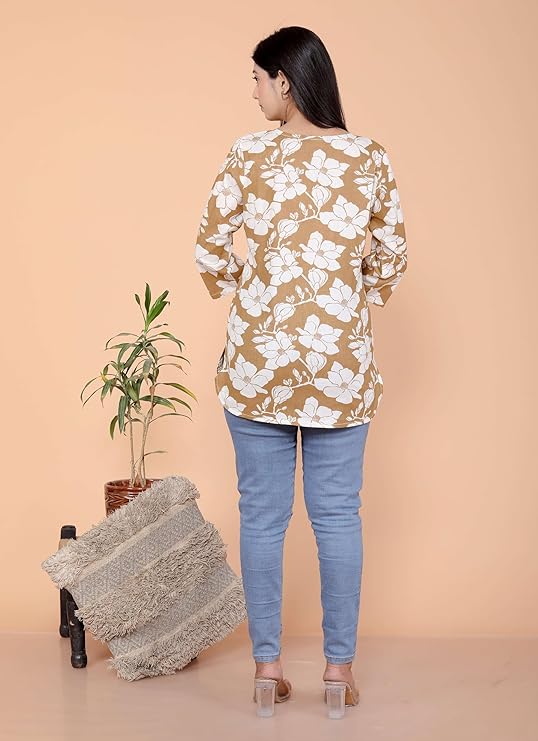 LoomBella LifestyleWomen's Cotton Floral Printed Straight Short Kurta Perfect for Casual, Formal, and Ethnic Wear