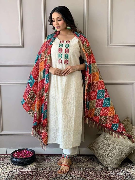 LoomBella Lifestyle Women's Cotton Chikankari Print Straight Kurti with Pant and Mulmul Dupatta Set