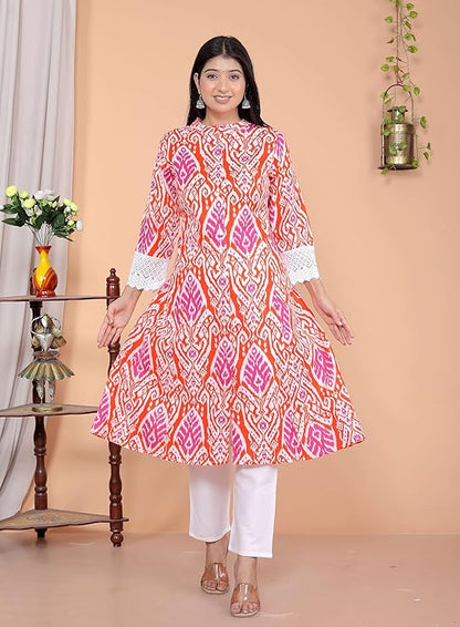 LoomBella LifestyleWomen's Cotton Printed Mandarin Collar A-Line Kurti with Pant