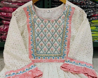 LoomBella LifestyleWomen's Cotton Embroidered Nayra Cut Kurti With Pant and Dupatta Set