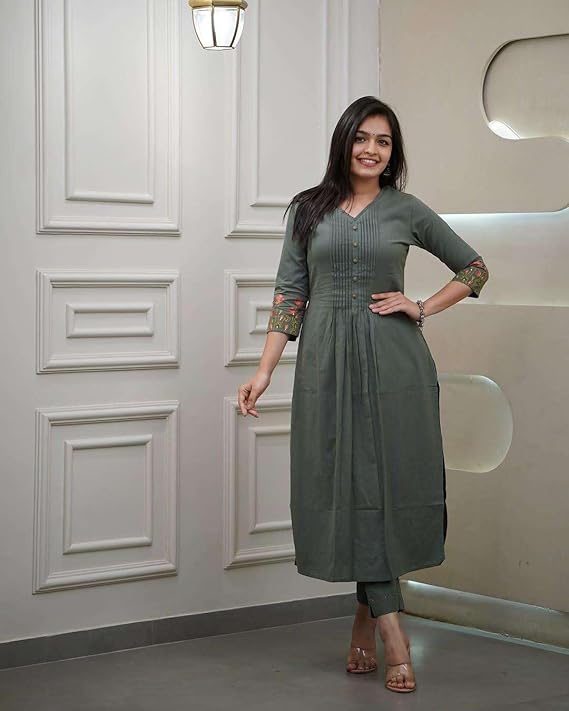 LoomBella LifestyleWomen's Cotton a-line Flared Straight Kurti with Pant