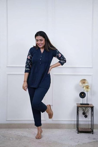 LoomBella LifestyleWomen's Cotton Embroidery Straight Short Kurti with Pant Set