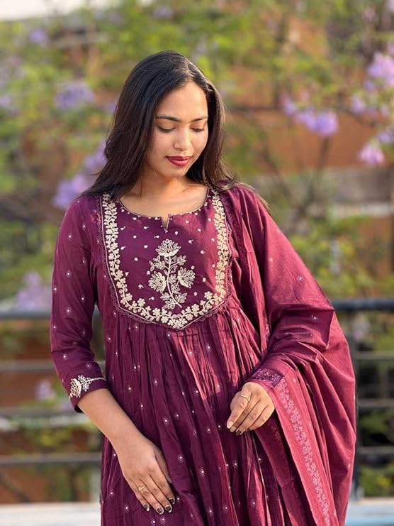 LoomBella LifestyleWomen's Cotton Embroidery Anarkali Kurti and Pant with Dupatta Set