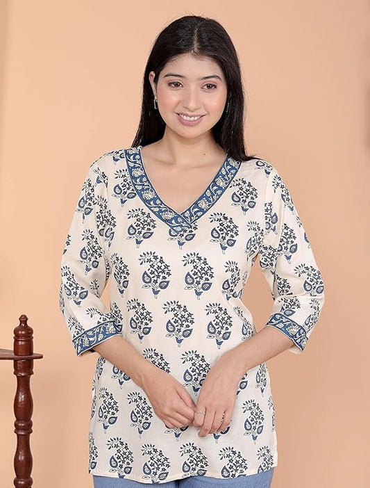LoomBella LifestyleWomen's Cotton Block Printed Short Straight Kurti Perfect for Casual, Formal, and Ethnic Wear
