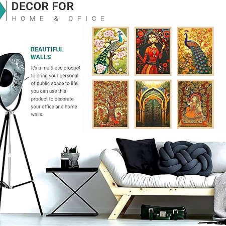 FAB CRAFT STUDIO Set of Six Madhubani Wall Paintings for Wall Dacoration Large Framed Wall Paintings for Living Room & Bedroom Wall Art for Home Decoration & Office Wall Décor
