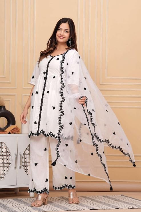 LoomBella Lifestyle Women's Cotton Embroidery Work Straight Kurti with Pant and Dupatta Set