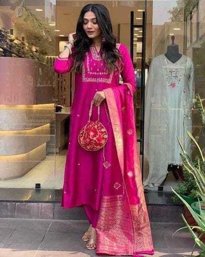 LoomBella LifestyleWomen's Viscose Silk Heavy Embroidered Straight Kurta With Trouser & Banarasi Jacquard Dupatta Set