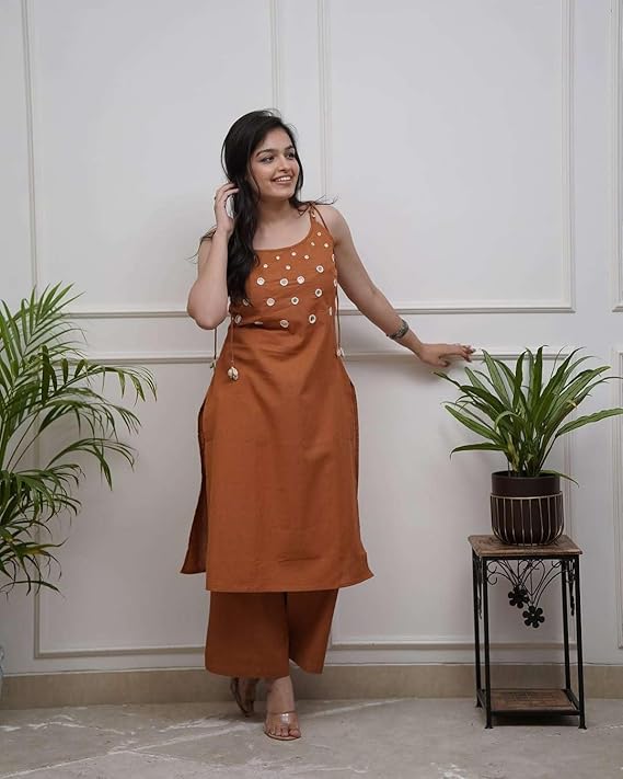LoomBella LifestyleWomen's Cotton Embroidery Sleeveless Kurti with Ankle Length Pant Set