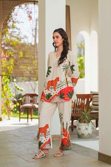LoomBella Lifestyle Women's Cotton Floral Printed Straight Short Kurti with Pant Set