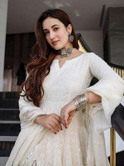 LoomBella LifestyleWomen's Cotton Chikankari Long Anarkali Kurti With Dupatta (White)