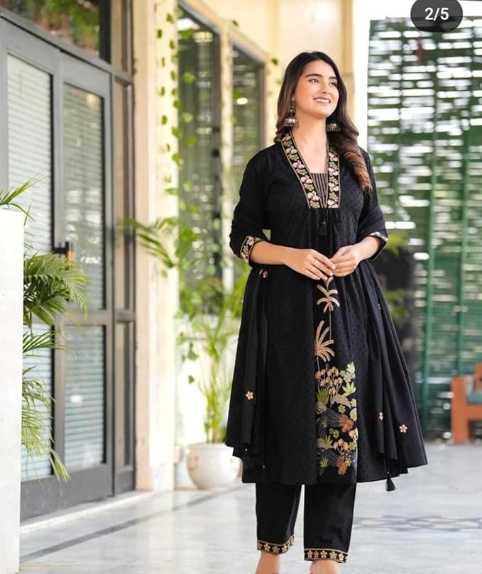 LoomBella LifestyleWomen's Cotton Embroidery Straight Kurti with Pant Set