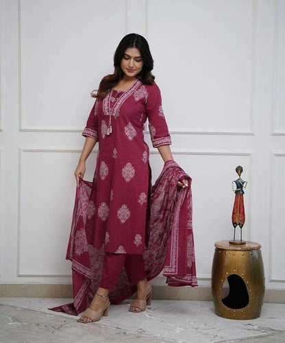 LoomBella LifestyleWomen's Cotton Printed Straight Kurti with Pant and Dupatta Set