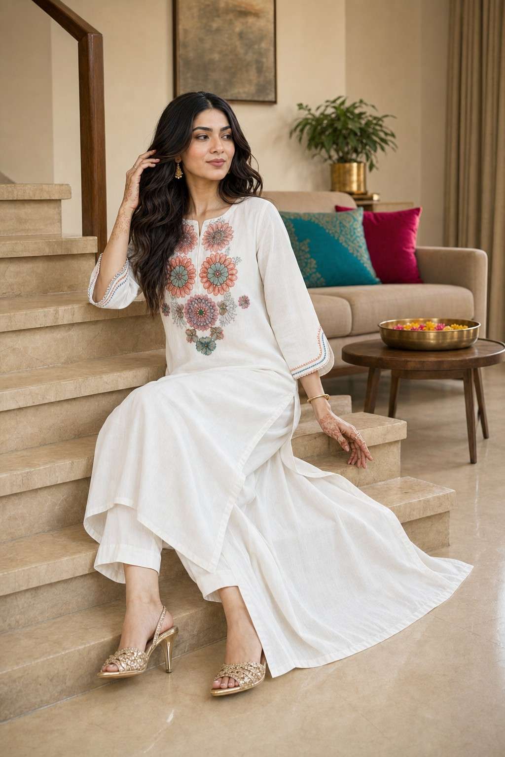 Women's Pure Cotton Embroidery Floral Printed Straight Coo-rd Set Kurti with Pant (White)