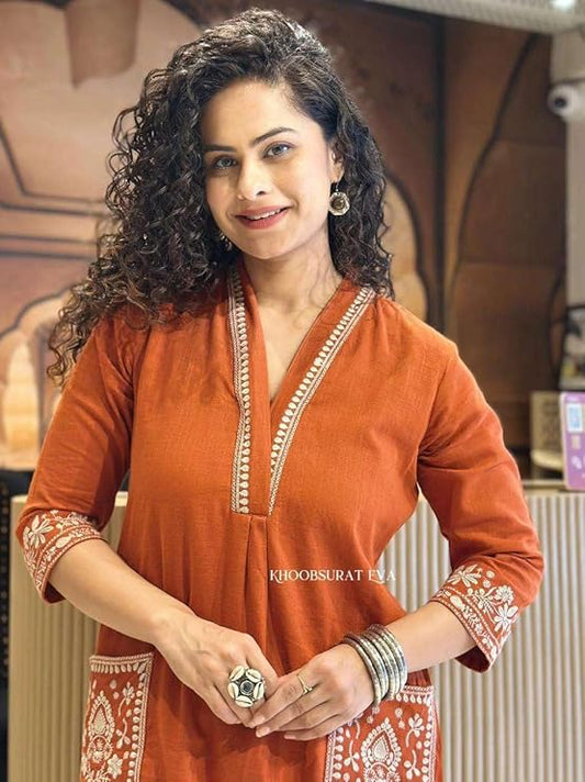 LoomBella LifestyleWomen's Cotton Embroidery Straight Kurti with Pant Set