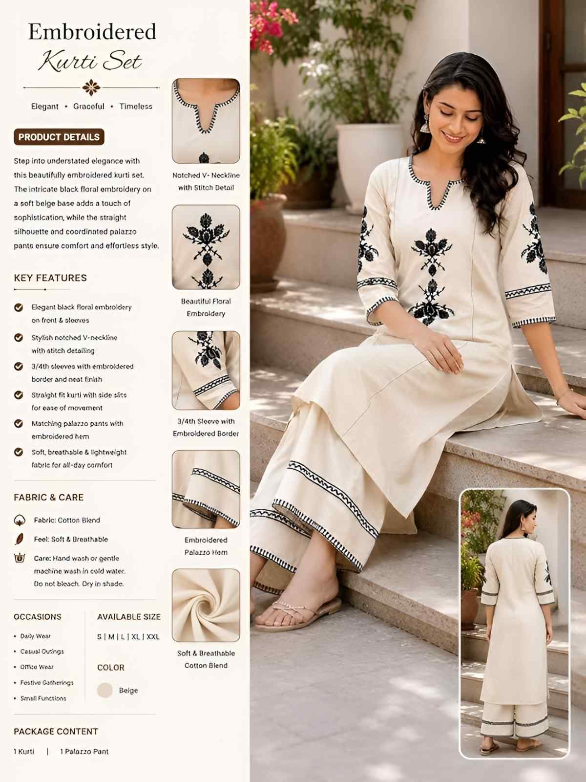 Women's Cotton Embroidered Straight kurti With relaxed fit Pant