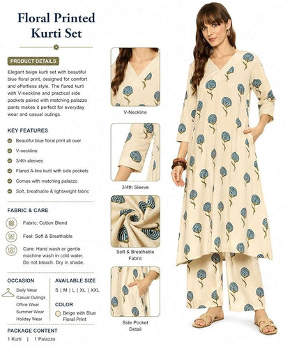 Women's Beige Printed Cotton Kurta with Palazzo Co-Ord Set | V-Neck Casual Ethnic Wear