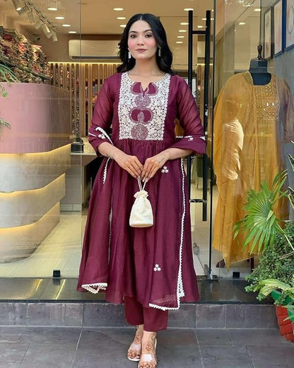 LoomBella LifestyleWomen's Cotton Printed Anarkali Kurti with Pant and Mulmul Dupatta Set