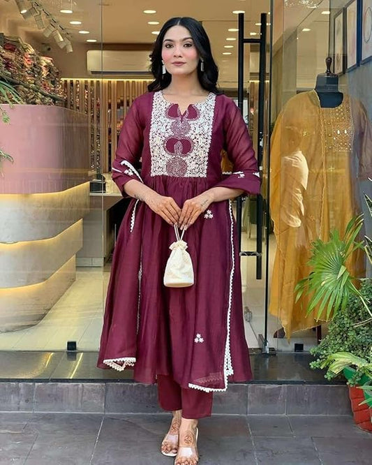 LoomBella LifestyleWomen's Cotton Printed Anarkali Kurti with Pant and Mulmul Dupatta Set