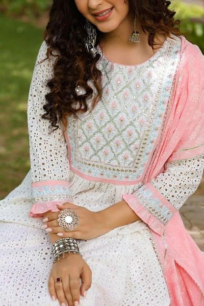 LoomBella LifestyleWomen's Cotton Embroidered Nayra Cut Kurti With Pant and Dupatta Set