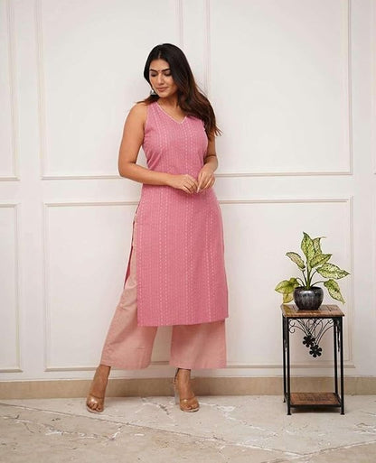 LoomBella LifestyleWomen's Cotton Printed Sleeveless Straight Kurti with Pant Set