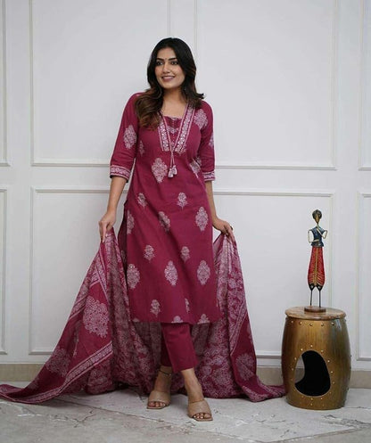 LoomBella LifestyleWomen's Cotton Printed Straight Kurti with Pant and Dupatta Set