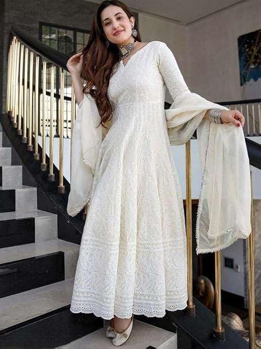 LoomBella LifestyleWomen's Cotton Chikankari Long Anarkali Kurti With Dupatta (White)