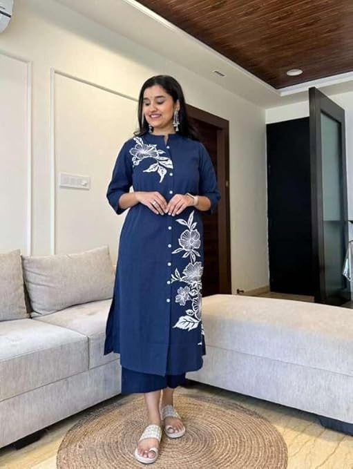 LoomBella LifestyleWomen's Cotton Floral Printed Straight Kurti with Pant Set
