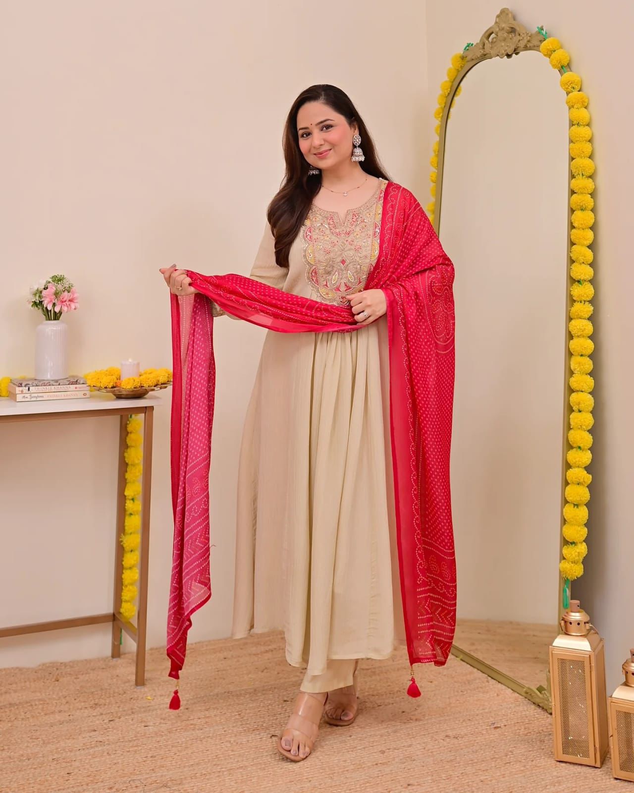 Women's Elegant Beige Embroidered Anarkali Kurta Set with Pink Bandhani Dupatta
