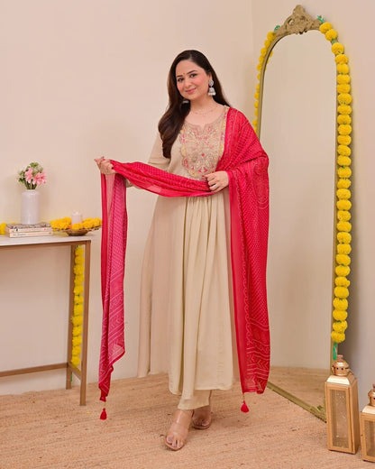 Women's Elegant Beige Embroidered Anarkali Kurta Set with Pink Bandhani Dupatta